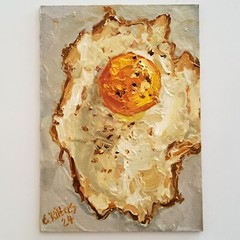 Fried Eggs Painting Original Oil Art Still Life Abstract Modern Small Wall Art