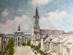 ::OIL PAINTING CITY WITH CHURCH AND THEATRE -WHO KNOWS THE PLACE? INREADABLE SIGN.
