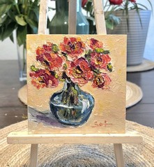 Original Oil Painting 5 „by 5“ Handmade Abstract Floral poppies On Canvas Panel