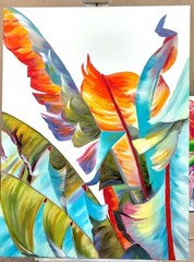 Happy Banana Leaves, original oil painting over canvas, signed by the artist