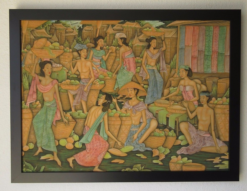 KARMAYASA IMPRESSIVE VINTAGE UBUD BALI TRIBAL VILLAGE STREET SCENE PAINTING