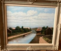 Original Early William Hoffman Large Canal Painting Framed 32 „X 38“ Good