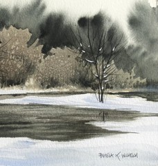 5”x7” In 8×10 Mat Pamela Wilhelm Original Loose Watercolor Winter Pond Trees