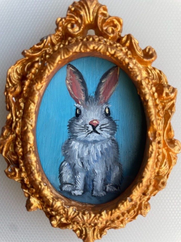 Original Mini Rabbit Oil Painting Cute Bunny Portrait Ornate Gold Baroque Frame