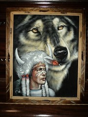 Original PAINTING On Velvet by David ORTIZ Tribal Indigenous Man & Wolf 19×23″