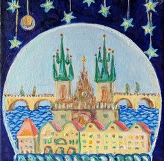 Whimsical Prague Original Oil Painting, Folk Art Cityscape Oil on Canvas 6×6 in