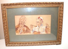 antique original figural elder couple married man lady watercolor painting frame