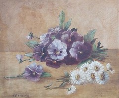 Carl Frederik Scheiding (1832-1903): PANSIES. Original antique oil painting
