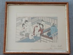木刻版浮世絵矶田湖龙斋 Antique Japanese Woodblock Print Ukiyo-e Koryusai Bathhouse Painting