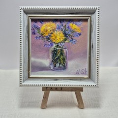 Original autographed oil painting in a frame. Dandelions. Impressionism. 4×4 inc