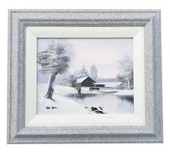 Oil Painting Winter Landscape Mill Pond Framed Picture Signed by Artist Van Bell