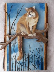 Hand Painted Mountain Lion Wood Cut-Out On Live Edge Basswood By Phyllis