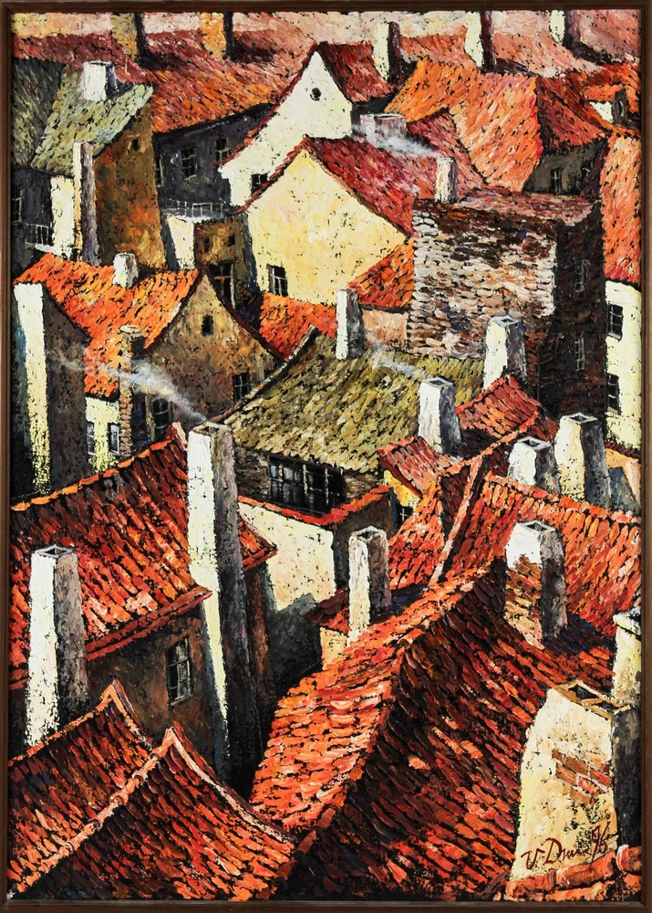 Vladislav Dmitrijev (Czech, B. 1952) Prague Rooftops, Oil on Canvas LARGE