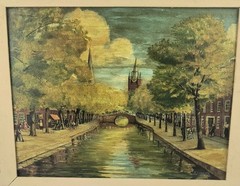 Vintage Oil Painting City Bridge over Dutch Delft Canal Netherlands Signed