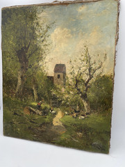 19th Étienne VALLÉE (1853-1881) Signed Spring on the Farm Barbizon Oil on Canvas