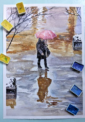 Autumn Watercolor Painting Woman with Umbrella Reflection in Rain Puddle Art