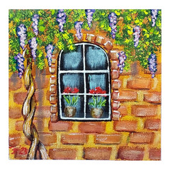 Cityscape Petunias Original Acrylic Painting Window Handmade Small Wall Art 6×6