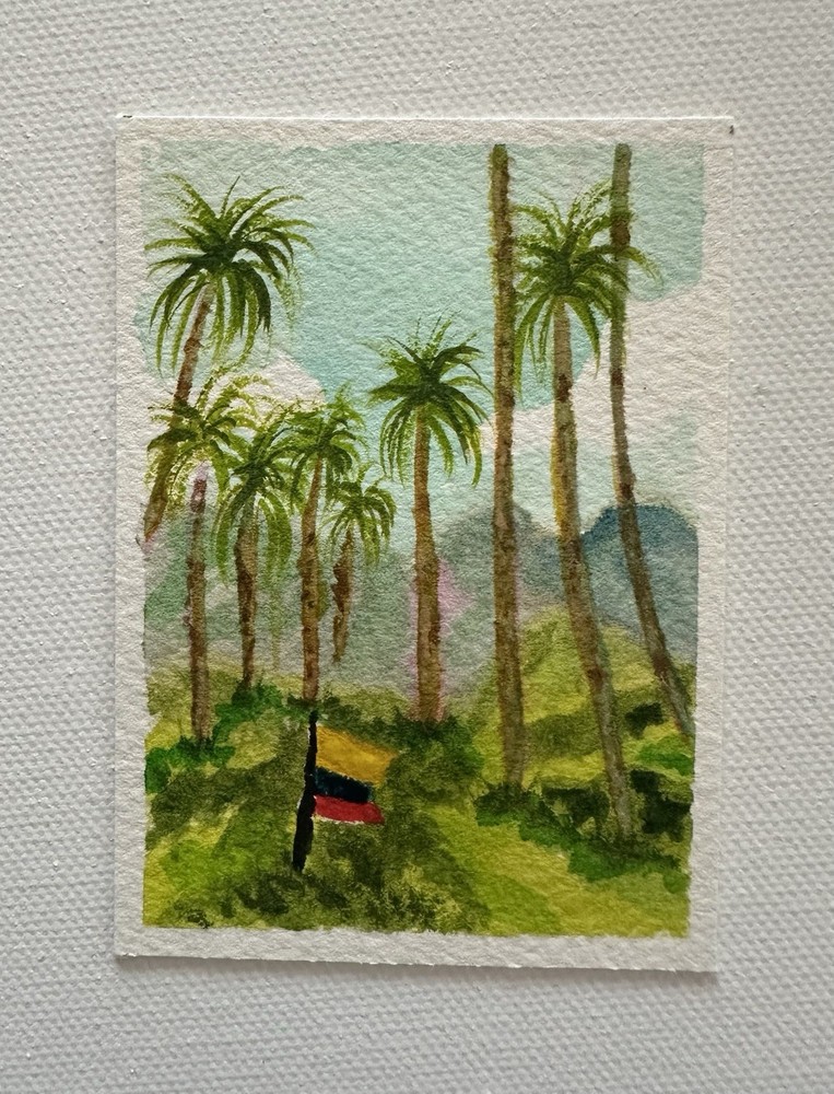 Original Miniature Watercolor Palm Trees Flag Landscape Painting Unframed