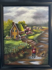 1966 Oil on Canvas Painting „After The Rain“ Signed Framed 18x 15 Boy Dog Moody