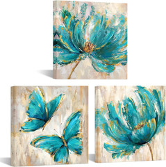 3 Pieces Teal Flower and Butterfly Canvas Prints Floral Oil Painting