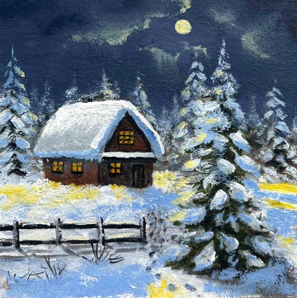 Winter Original Oil Painting Night Landscape House Forest Wall Art 4 x 4 in