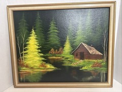 Vintage 1980s Original Art Oil Painting Cabin in Woods Landscape Water Signed