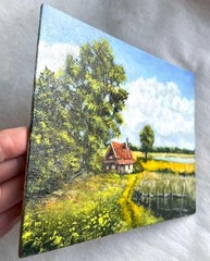 Summer ORIGINAL OIL PAINTING Rural Landscape House Field Flowers ART 6 x 8 in