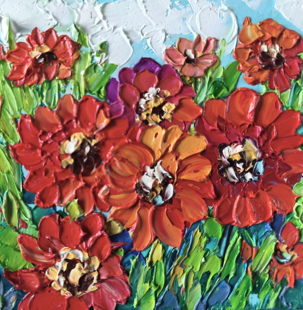 Zinnia Oil Painting Original Miniature  6×6 in Floral Impasto Signed  Art