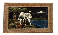Black Velvet Horses Mare Colt Wood Framed Painting Signed 23 X14 Vintage 70’s