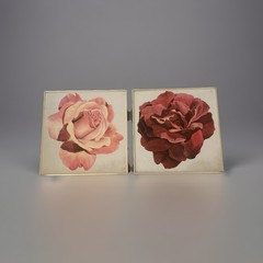 Vntg MCM Original Oil Painting Pink Red Rose Still Life 24” X 24” Set Of 2