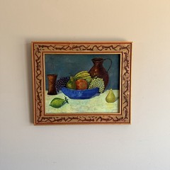 Vintage Colorful Artist Signed Fruit Still Life Oil Painting Grapes Pears Banana