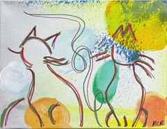 Original Two Friendly Cats Mixed Media Art Painting 11×14 Abstract Line Drawing