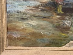 FLORA E. SCHAIFER – c1940s Seascape Oil Painting w/ Pier „Cape Porpoise, Maine“