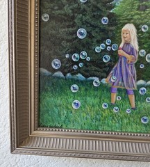 Original 8″ x 10″ Canvas Painting Girl Child With Bubbles Summer Garden Art
