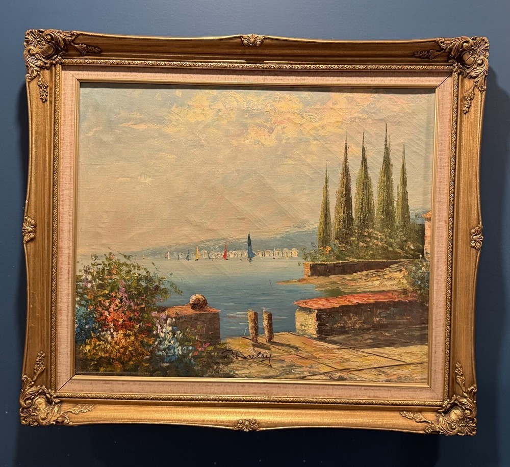 Vintage Mid 20th Century Italian Harbor Scene Gold Framed Oil on Canvas Signed