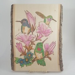 Hummingbirds w/ Pink Flowers on Wood Plank Wood Burning Folk Signed Joi 12″x10″
