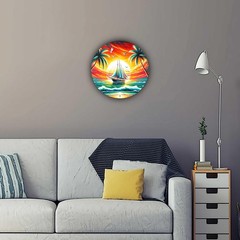 7.87 Inch Tropical Sunset Sailboat Palm Tree Coastal Round Metal Wall Art