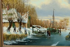 vintage oil on panel, dutch landscape ice skating people on river 20thC unsigned