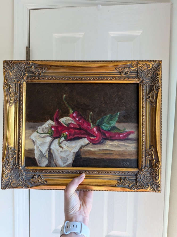 Red Hot Peppers. Still life. ORIGINAL OIL PAINTING. Vintage Framed Kitchen Art