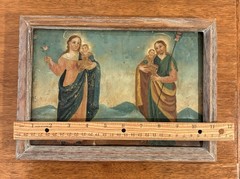 19th Century Retablo Religious Art Mexican Oil on Tin Painting Holy Family