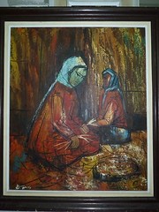 Vintage Cubism Oil Painting, Bedouin Women in Market, Signed E. ENOS, 64 x 54 cm