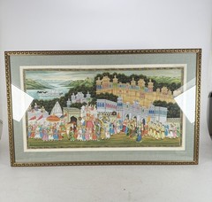 Rajasthani Indian Painting King Procession Art On Silk Cloth Hand Painted 1900s