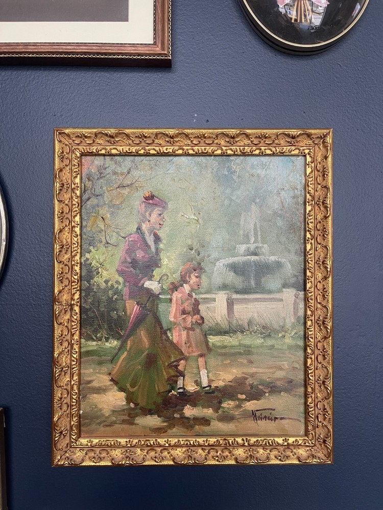 Vintage Original Painting of Mother and Child, Small Canvas, Impressionism