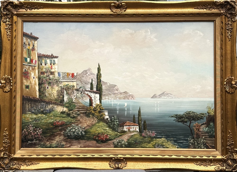 Luigi Sandini (Austrian), VTG Large Orig. O/C „Coastal Italian Riviera“, Signed!