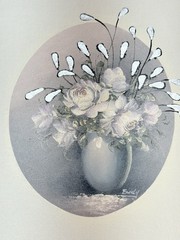 Still Floral Painting White Rose On Canvas Metallic Silver 11.5×13.75 8×10
