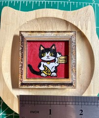 Original Mini Acrylic Black And White Lucky Cat Painting 1.8 Inch Square Framed