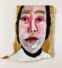 Original Outsider Art Primitive Quirky Woman Portrait Painting Torn Cardboard