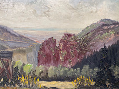 ::OIL PAINTING INDISTINCT. MONOGR.HUNTER STAND ON THE PLATFORM IN FRONT OF RED MOUNTAIN WALL