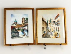 Marco Ruiz Watercolor Paintings Set of 2 Mexican Village Framed Art 15×12
