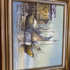 Vintage Birchard Oil On Canvas Painting Boat At Dock Wood Frame Signed By Artist